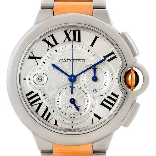 The image shows a front view of a Ballon Bleu model by Cartier, highlighting its dial, Roman numerals, and blue hands.