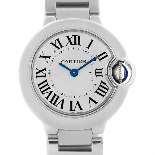 This image shows a front view of the dial and part of the bracelet of the Cartier Ballon Bleu W69010Z4 Women's Stainless Steel Silver Dial W69010Z4 Women's Stainless Steel Silver Dial watch.