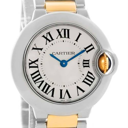 This image shows a frontal view of the dial and part of the bracelet of the Cartier Ballon Bleu W69007Z3 Women's Stainless Steel Silver Dial W69007Z3 Women's Stainless Steel Silver Dial watch.