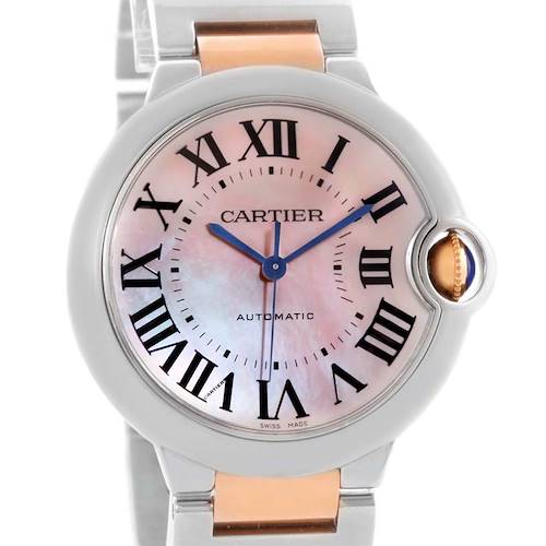 The image shows a front view of a Cartier Ballon Bleu W6920070 Women's Steel and Gold (two tone) Mother of Pearl Dial W6920070 Women's Steel and Gold (two tone) Mother of Pearl Dial watch, highlighting its round dial, Roman numerals, and metal bracelet.