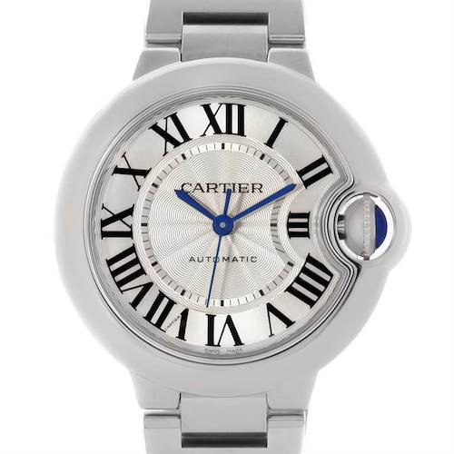 The image shows a front view of a Cartier Ballon Bleu W6920071 Women's Stainless Steel Silver Dial W6920071 Women's Stainless Steel Silver Dial watch, highlighting its dial, Roman numerals, and blue hands.