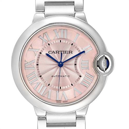 The image shows a front view of the Cartier Ballon Bleu W6920041 Women's Stainless Steel Pink Dial W6920041 Women's Stainless Steel Pink Dial model, highlighting the dial, blue hands, and Roman numeral hour markers.