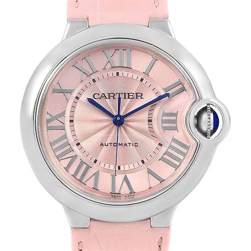 The image shows a front view of a Cartier Ballon Bleu WSBB0007 Women's Stainless Steel Pink Dial WSBB0007 Women's Stainless Steel Pink Dial watch with a pink strap and silver casing.