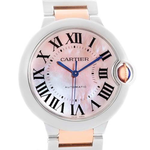 The image shows a front view of the Cartier Ballon Bleu W6920098 Women's Steel and Gold (two tone) Mother of Pearl Dial W6920098 Women's Steel and Gold (two tone) Mother of Pearl Dial watch, highlighting its face, Roman numerals, and distinctive crown.