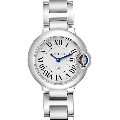 The Cartier Ballon Bleu W69010Z4 Women's Stainless Steel Silver Dial W69010Z4 Women's Stainless Steel Silver Dial watch is shown from a front angle, highlighting the face, Roman numeral markers, and metal bracelet.