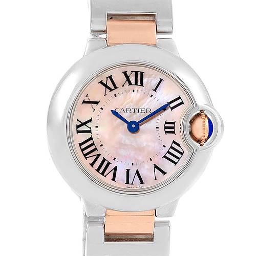 The image shows a front view of a Cartier Ballon Bleu W6920034 Women's Steel and Gold (two tone) Mother of Pearl Dial W6920034 Women's Steel and Gold (two tone) Mother of Pearl Dial watch, displaying the dial, hands, crown, and part of the bracelet.