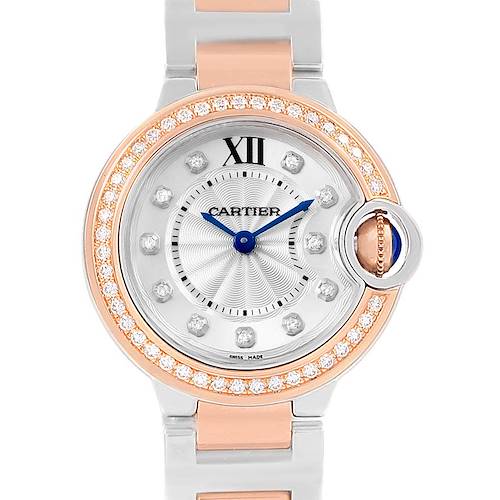 This image shows a front view of the Cartier Ballon Bleu WE902076 Women's Steel and Gold (two tone) Silver Dial WE902076 Women's Steel and Gold (two tone) Silver Dial watch, highlighting its round face, blue hands, and diamond-studded bezel.