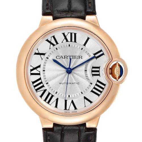 This image shows a front view of the Cartier Ballon Bleu WGBB0009 Men's Rose Gold Silver Dial WGBB0009 Men's Rose Gold Silver Dial watch, highlighting its face, Roman numerals, blue hands, and leather strap.