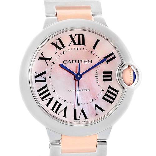 The image shows a front view of a Cartier Ballon Bleu W6920070 Women's Steel and Gold (two tone) Mother of Pearl Dial W6920070 Women's Steel and Gold (two tone) Mother of Pearl Dial watch, highlighting its dial, hands, and part of the strap.