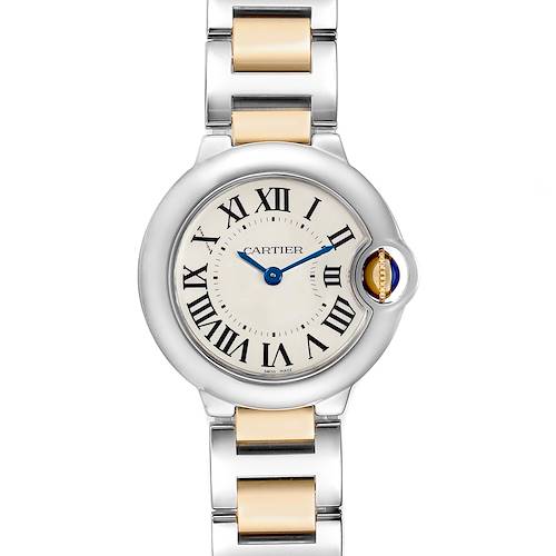 The image shows a front view of a Ballon Bleu model by Cartier, highlighting the watch face, Roman numerals, and metal bracelet.