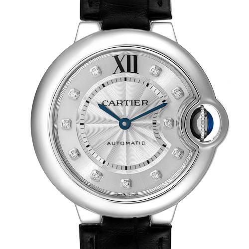 The image shows the face of a Cartier Ballon Bleu W4BB0009 Women's Stainless Steel Silver Dial W4BB0009 Women's Stainless Steel Silver Dial watch with a clear view of its dial, hands, and crown.
