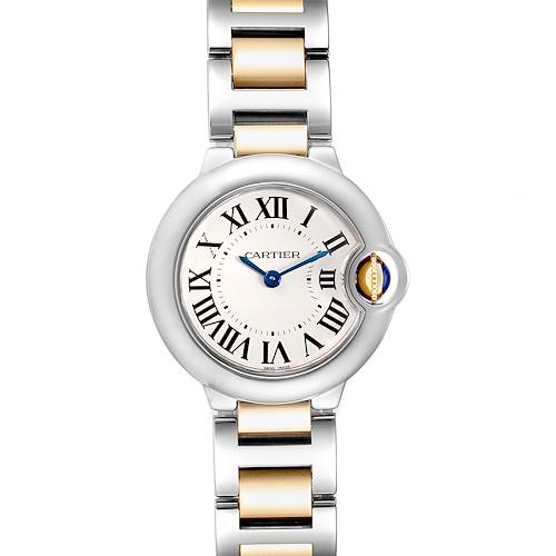 The image shows a front view of a Cartier Ballon Bleu W69007Z3 Women's Steel and Gold (two tone) Silver Dial W69007Z3 Women's Steel and Gold (two tone) Silver Dial watch, displaying the face, Roman numerals, and part of the bracelet.