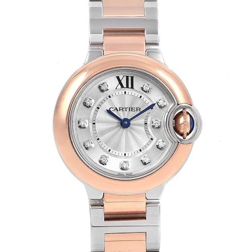 This image shows a Cartier Ballon Bleu W3BB0005 Women's Steel and Gold (two tone) Silver Dial W3BB0005 Women's Steel and Gold (two tone) Silver Dial watch from a front angle, highlighting the face, bezel, and part of the bracelet.
