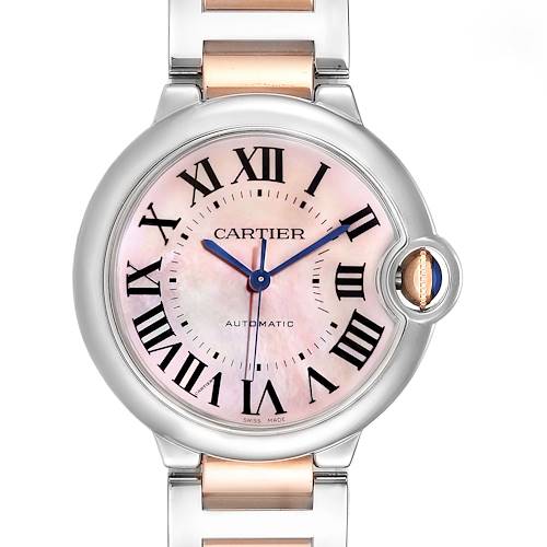 The image shows a front view of a Ballon Bleu by Cartier watch, highlighting the dial, hands, and part of the bracelet.