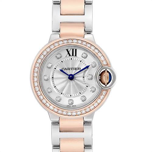 The image shows a frontal view of the Cartier Ballon Bleu WE902076 Women's Steel and Gold (two tone) Silver Dial WE902076 Women's Steel and Gold (two tone) Silver Dial watch, displaying its face, bezel, and part of the bracelet.
