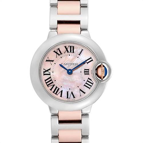The image shows a front view of the Cartier Ballon Bleu W6920034 Women's Steel and Gold (two tone) Mother of Pearl Dial W6920034 Women's Steel and Gold (two tone) Mother of Pearl Dial watch, displaying its dial, hands, bezel, and bracelet.