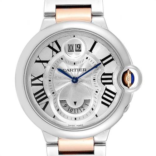 The image shows a close-up view of the face of a Ballon Bleu model by Cartier, highlighting its Roman numerals and blue hands.