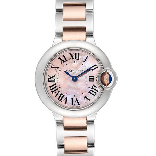 This image shows a front view of the Cartier Ballon Bleu W6920034 Women's Steel and Gold (two tone) Mother of Pearl Dial W6920034 Women's Steel and Gold (two tone) Mother of Pearl Dial watch, highlighting its dial, hands, crown, and part of the bracelet.