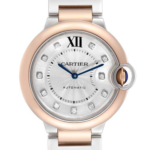 The image shows a frontal view of the Ballon Bleu watch by Cartier, highlighting the face, hands, and part of the bracelet.