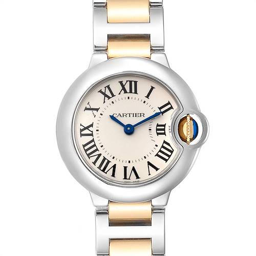 This image shows a front view of the Cartier Ballon Bleu W69007Z3 Women's Steel and Gold (two tone) Silver Dial W69007Z3 Women's Steel and Gold (two tone) Silver Dial watch, featuring a silver and gold-tone bracelet and Roman numeral dial.