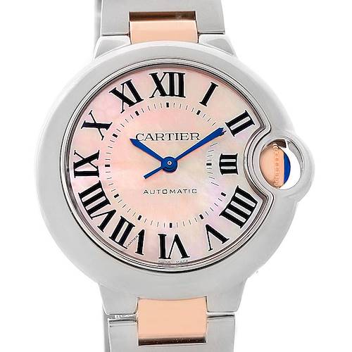 The image shows the face and bezel of a Cartier Ballon Bleu W6920070 Women's Steel and Gold (two tone) Mother of Pearl Dial W6920070 Women's Steel and Gold (two tone) Mother of Pearl Dial watch, including the dial, hands, and part of the bracelet.
