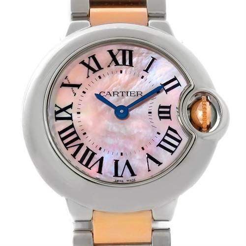 This image shows a close-up, front view of the Cartier Ballon Bleu W69011Z4 Women's Steel and Gold (two tone) Mother of Pearl Dial W69011Z4 Women's Steel and Gold (two tone) Mother of Pearl Dial watch, highlighting its dial and Roman numeral hour markers.