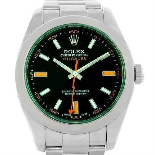 This image shows a front view of a Rolex Milgauss 116400V Men's Stainless Steel Black Dial 116400V Men's Stainless Steel Black Dial watch, highlighting the dial, hands, and part of the bracelet.