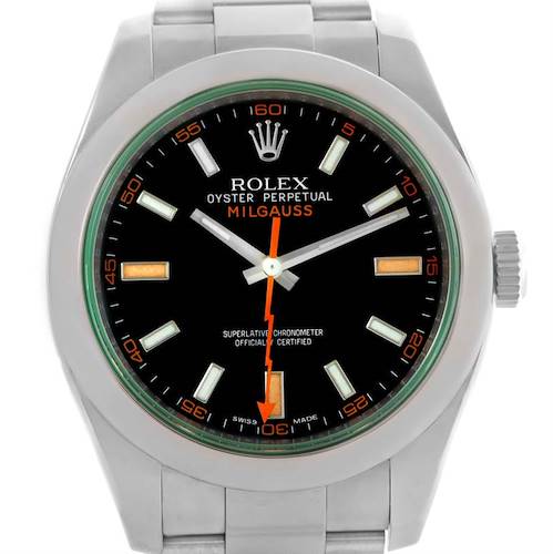 The image shows a front view of the Rolex Milgauss 116400V Men's Stainless Steel Black Dial 116400V Men's Stainless Steel Black Dial watch, highlighting its black dial, luminescent hour markers, and distinctive orange lightning bolt second hand.