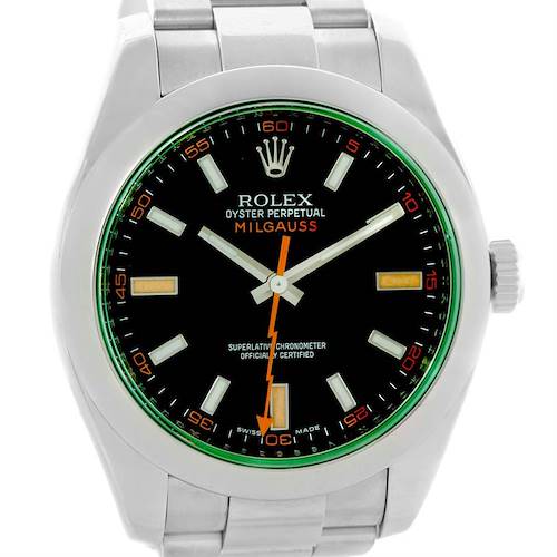 The image shows a frontal view of the Rolex Milgauss 116400V Men's Stainless Steel Black Dial 116400V Men's Stainless Steel Black Dial watch, highlighting its dial, hands, bezel, and part of the bracelet.