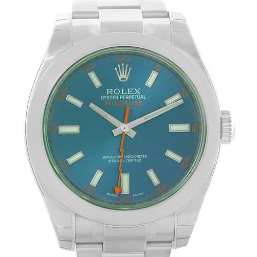The image shows a front view of a Rolex Milgauss 116400GV Men's Stainless Steel Blue Dial 116400GV Men's Stainless Steel Blue Dial watch displaying its face, hands, and part of the bracelet.
