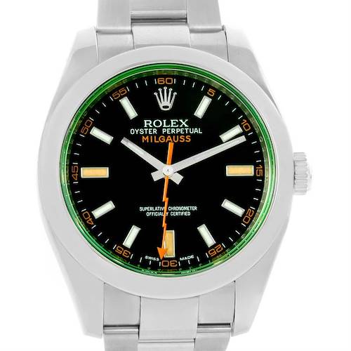 The image shows the front view of a Rolex Milgauss 116400V Men's Stainless Steel Black Dial 116400V Men's Stainless Steel Black Dial watch, highlighting its black dial, green sapphire crystal, and silver bracelet.