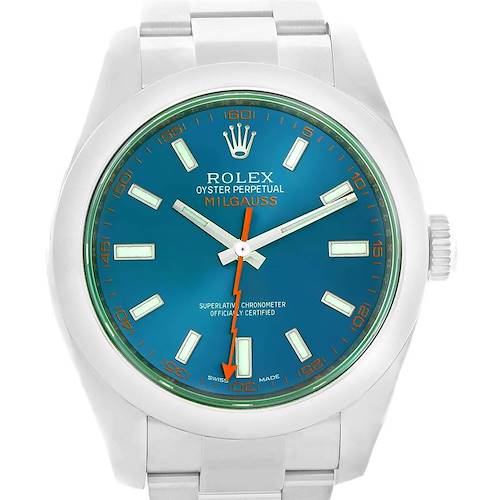 The image shows a frontal view of the Rolex Milgauss 116400GV Men's Stainless Steel Blue Dial 116400GV Men's Stainless Steel Blue Dial watch, highlighting its blue dial, orange second hand, and stainless steel band.