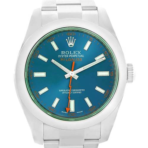 This image shows the front angle of a Rolex Milgauss 116400GV Men's Stainless Steel Blue Dial 116400GV Men's Stainless Steel Blue Dial watch, highlighting its dial, hands, and bracelet.