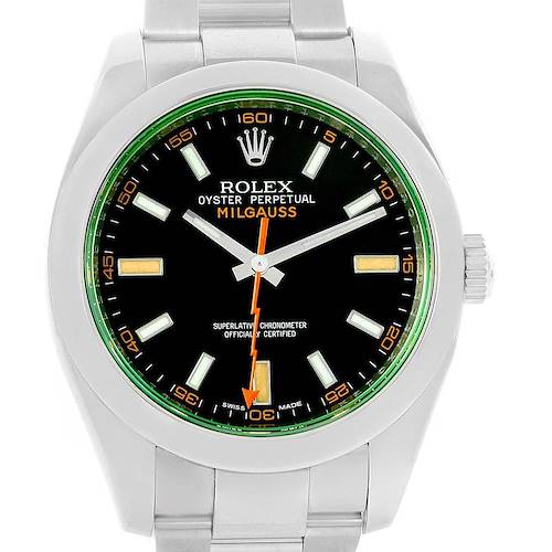 The image shows a front view of a Rolex Milgauss 116400V Men's Stainless Steel Black Dial 116400V Men's Stainless Steel Black Dial watch, highlighting the dial, hands, and part of the bracelet.