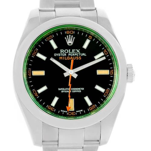 The Rolex Milgauss 116400V Men's Stainless Steel Black Dial 116400V Men's Stainless Steel Black Dial watch is shown from a front angle, displaying the face, hands, and part of the metal bracelet.