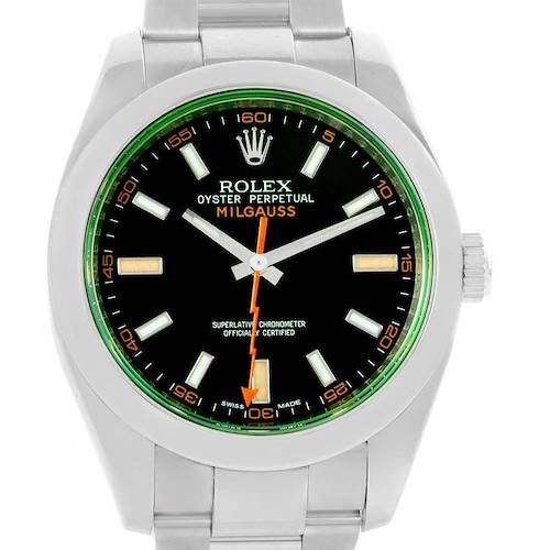 The image shows a front view of a Rolex Milgauss 116400V Men's Stainless Steel Black Dial 116400V Men's Stainless Steel Black Dial watch, highlighting its black dial, green bezel, and silver bracelet.