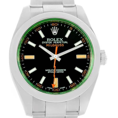 The image shows a front view of a Rolex Milgauss 116400V Men's Stainless Steel Black Dial 116400V Men's Stainless Steel Black Dial watch, featuring a black dial and orange accents.