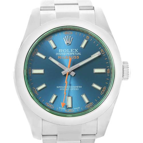 This image shows a front view of the Rolex Oyster Perpetual Milgauss watch, highlighting its dial, hands, and bracelet.