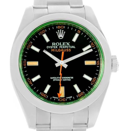 The image shows a front view of a Rolex Milgauss 116400V Men's Stainless Steel Black Dial 116400V Men's Stainless Steel Black Dial watch, displaying its dial, hands, and stainless steel bracelet.