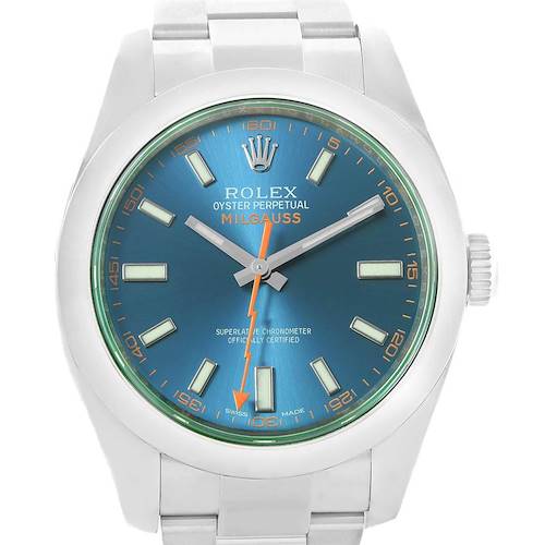 The image shows a front view of the Rolex Milgauss 116400 Men's Stainless Steel Blue Dial 116400 Men's Stainless Steel Blue Dial watch, highlighting its face, dial, hands, and part of the bracelet.