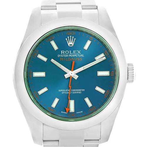 The image shows a frontal view of a Rolex Milgauss 116400GV Men's Stainless Steel Blue Dial 116400GV Men's Stainless Steel Blue Dial watch, highlighting its face, hour markers, and part of the bracelet.