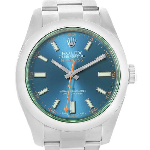 The image shows a front-facing view of a Rolex Milgauss 116400GV Men's Stainless Steel Blue Dial 116400GV Men's Stainless Steel Blue Dial watch, highlighting its blue dial, orange lightning bolt second hand, and metal bracelet.