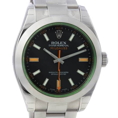 The image shows a Rolex Milgauss 116400V Men's Stainless Steel Black Dial 116400V Men's Stainless Steel Black Dial watch head-on, displaying the black dial, luminescent markers, and stainless steel bracelet.