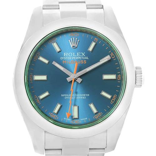This image shows the full face of a Rolex Milgauss 116400GV Men's Stainless Steel Blue Dial 116400GV Men's Stainless Steel Blue Dial watch, highlighting its blue dial, orange seconds hand, and steel bracelet.