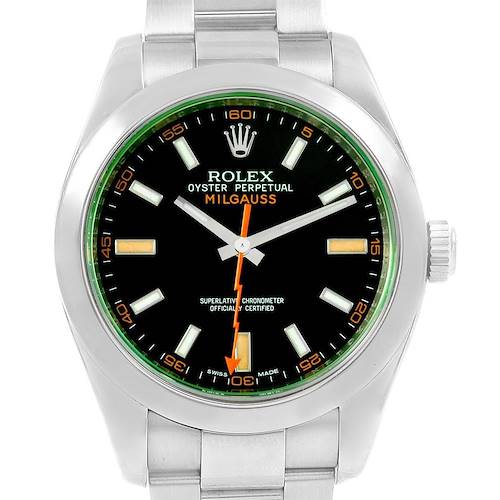 This image shows the front view of a Rolex Milgauss 116400V Men's Stainless Steel Black Dial 116400V Men's Stainless Steel Black Dial watch, highlighting its dial, hands, and bracelet.