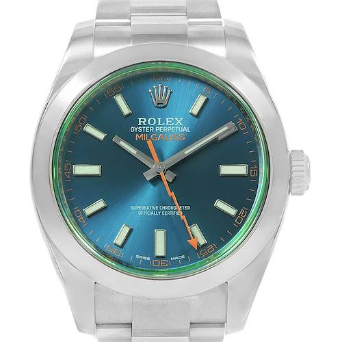 The image shows a front view of a Rolex Milgauss 116400V Men's Stainless Steel Blue Dial 116400V Men's Stainless Steel Blue Dial watch, highlighting its blue dial, green sapphire crystal, and stainless steel bracelet.