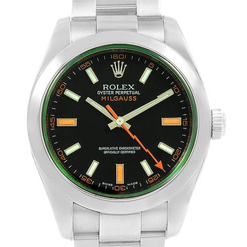 The image shows a front view of a Rolex Milgauss 116400V Men's Stainless Steel Black Dial 116400V Men's Stainless Steel Black Dial watch, including the face, bezel, crown, and part of the bracelet.