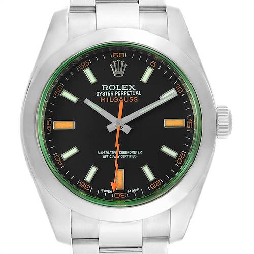 This image shows the front view of a Rolex Milgauss 116400V Men's Stainless Steel Black Dial 116400V Men's Stainless Steel Black Dial watch, displaying its face and stainless steel bracelet.