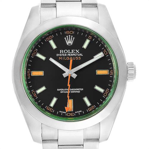 This image shows a front view of a Rolex Milgauss 116400V Men's Stainless Steel Black Dial 116400V Men's Stainless Steel Black Dial watch, highlighting the dial, watch hands, and bezel.
