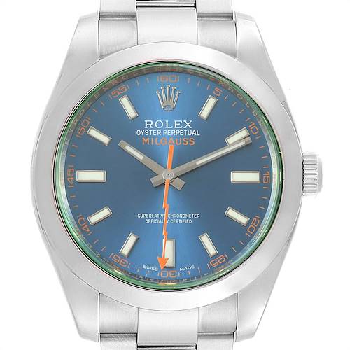 This image shows the front view of a Rolex Milgauss 116400GV Men's Stainless Steel Blue Dial 116400GV Men's Stainless Steel Blue Dial watch, highlighting its face, hour markers, crown, and bracelet parts.